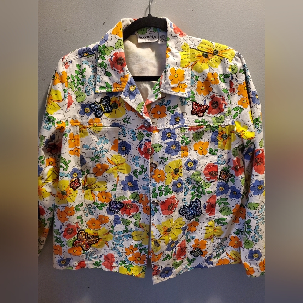 Breckenridge Lightweight Jacket Coat Blazer Button Floral Butterflies Petite L
